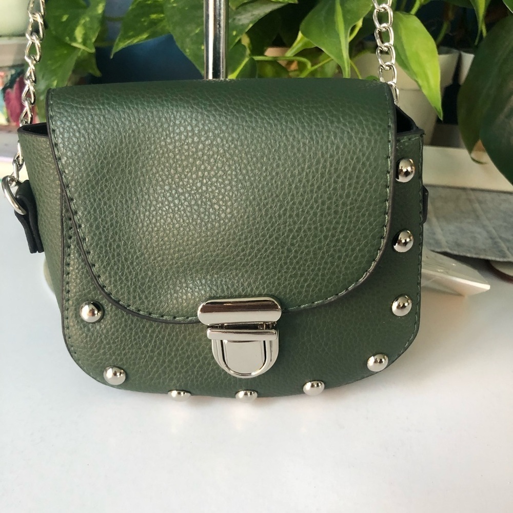 Green Vegan Leather Studded Silver Hardware Crossbody Bag